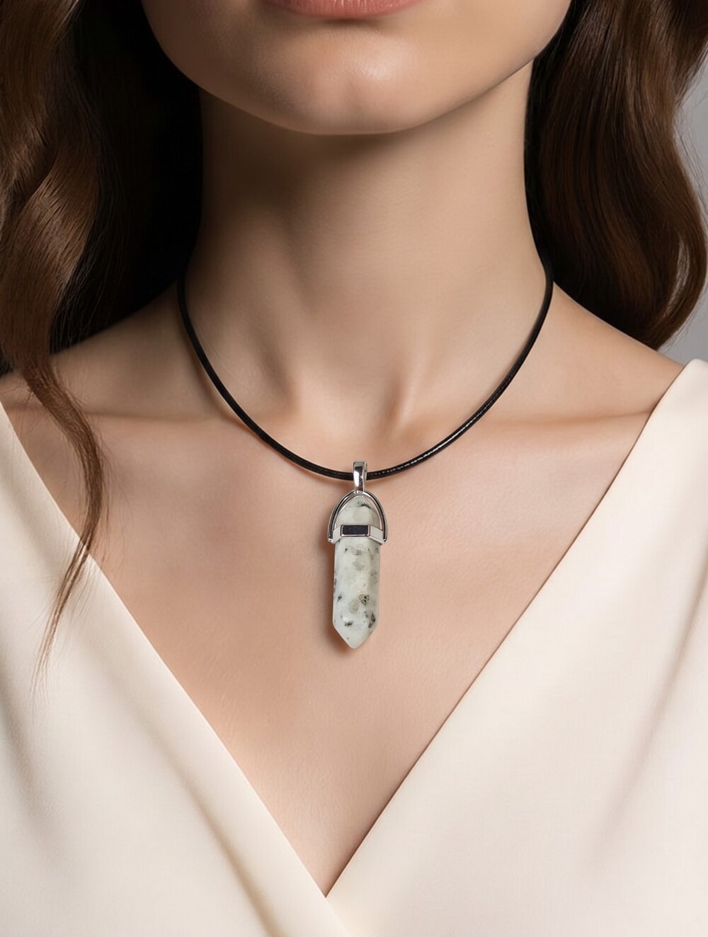 Kiwi Jasper White Hex Crystal Point Pendant Necklace Double Terminated Gemstone